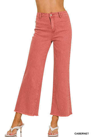 Cabernet Acid Washed Frayed Cutoff Hem Straight Wide Pants