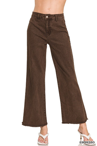 Espresso Acid Washed Frayed Cutoff Hem Straight Wide Pants