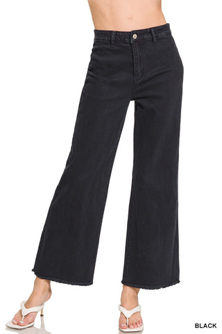 Black Acid Washed Frayed Cutoff Hem Straight Wide Pants