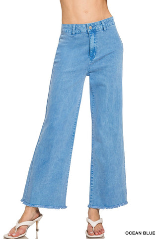 Ocean Blue Acid Washed Frayed Cutoff Hem Straight Wide Pants