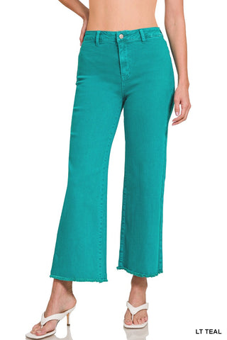 Lt. Teal Acid Washed Frayed Cutoff Hem Straight Wide Pants