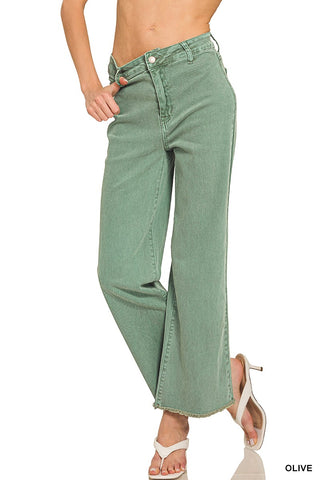 Olive Acid Washed Frayed Cutoff Hem Straight Wide Pants