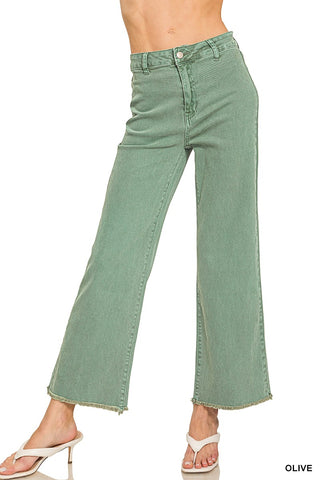Olive Acid Washed Frayed Cutoff Hem Straight Wide Pants