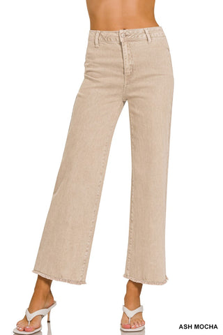 Ash Mocha Acid Washed Frayed Cutoff Hem Straight Wide Pants