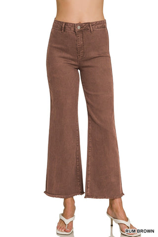 Rum Brown Acid Washed Frayed Cutoff Hem Straight Wide Pants