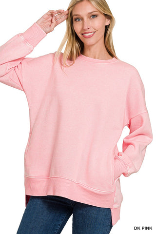 Pink Acid Wash Fleece Hi-low Hem Pullover
