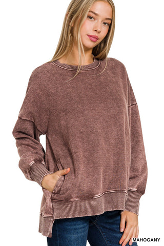 Mahogany Acid Wash Fleece Hi-low Hem Pullover