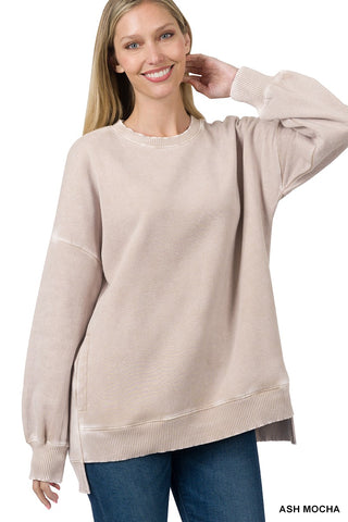 Ash Mocha Acid Wash Fleece Hi-low Hem Pullover