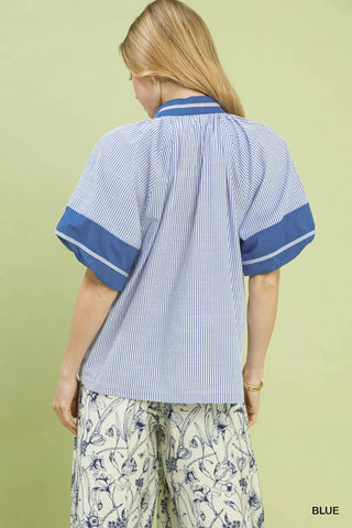 CURVY BLUE STRIPED MIXED PUFF SLEEVE BLOUSE