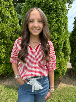 Red Plaid Short Sleeve Top w/ Trim Split Neck Detail