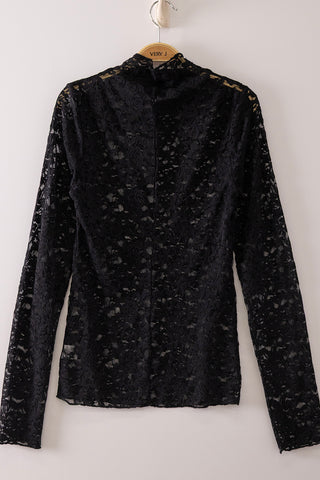 SC Black High Neck Fitted Sheer Mesh Lace Knit Top