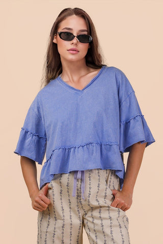 SC Blue Mineral Washed Ruffle Detail Knit Top FINAL SALE