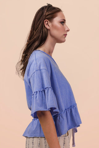 SC Blue Mineral Washed Ruffle Detail Knit Top FINAL SALE
