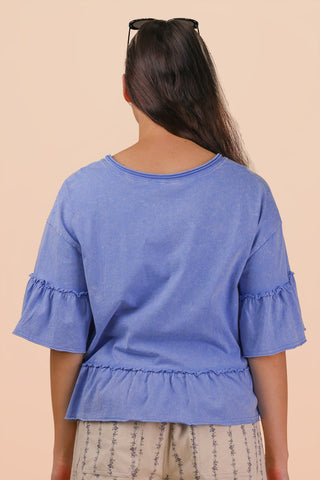 SC Blue Mineral Washed Ruffle Detail Knit Top FINAL SALE
