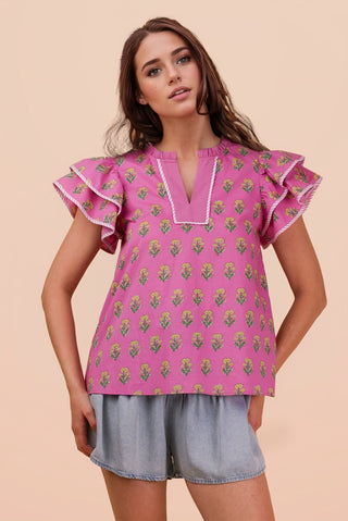Pink Ruffle Sleeve Printed Woven Blouse Top FINAL SALE