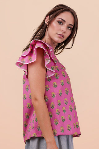 Pink Ruffle Sleeve Printed Woven Blouse Top FINAL SALE
