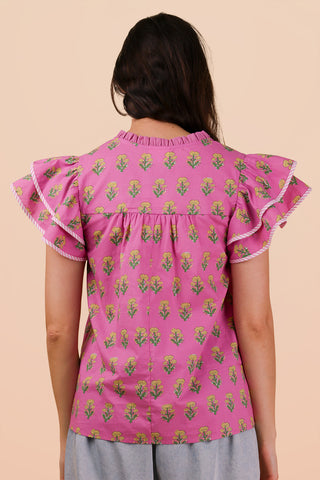 Pink Ruffle Sleeve Printed Woven Blouse Top FINAL SALE