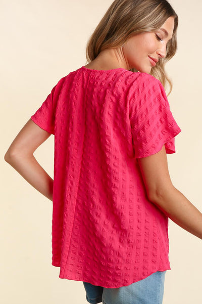 PINK SHORT SLEEVE BUBBLE CHECK PLAID TEXTURED TOP