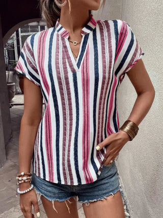 Mauve Striped Notched Short Sleeve Shirt Final Sale