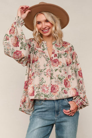 Taupe Notched Neck Floral Print Woven Blouse Final Sale