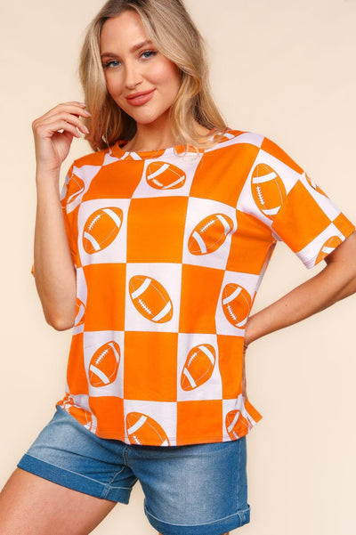 ORANGE GAME DAY FOOTBALL, CHECKER PRINT KNIT TOP