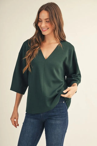 Curvy Hunter Green Drop Shoulder 3/4 Sleeve Solid V Neck Top