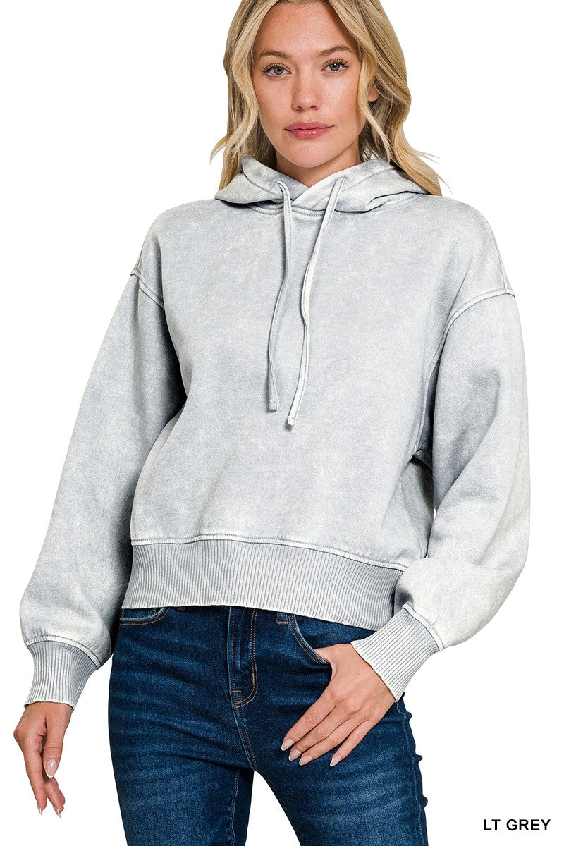 LIGHT GREY ACID WASH FLEECE HOODIE