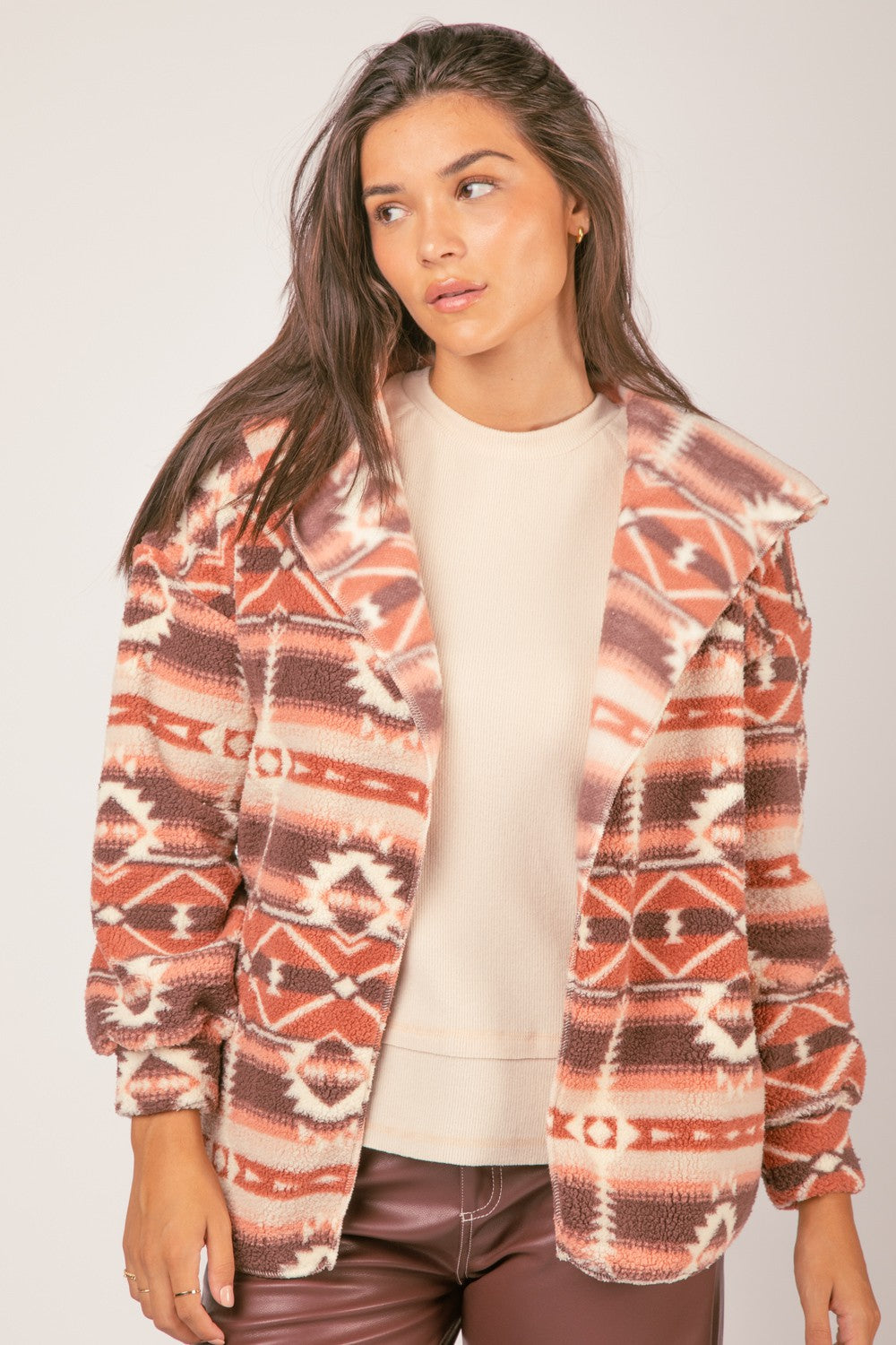 Curvy Aztec Tribal Print Hooded Oversize Fleece Jacket Final Sale