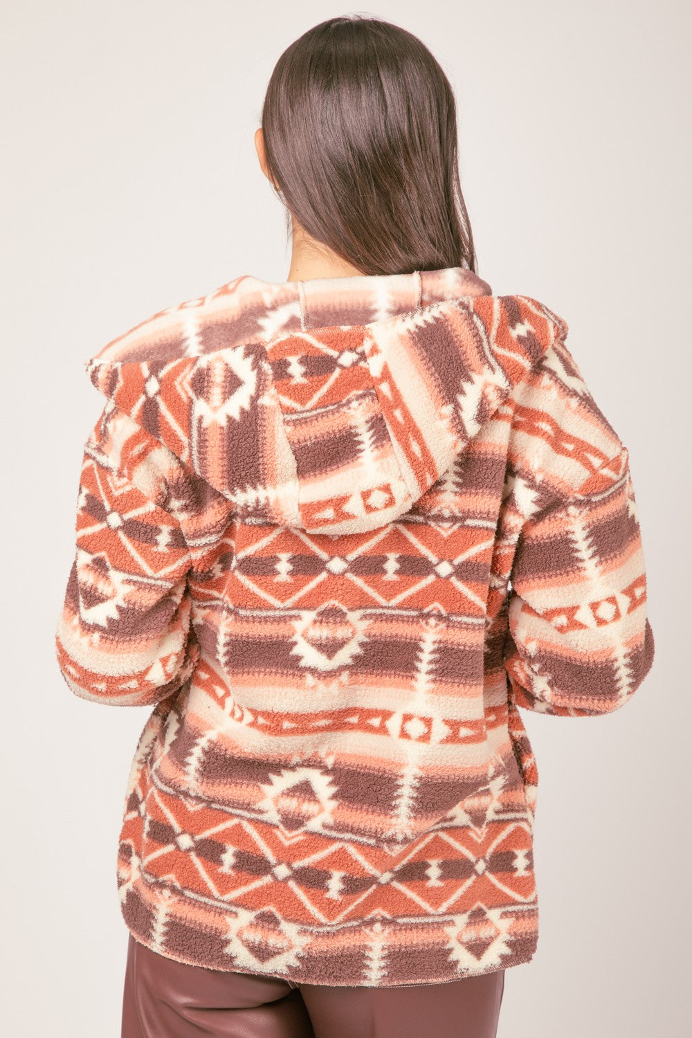 Curvy Aztec Tribal Print Hooded Oversize Fleece Jacket Final Sale