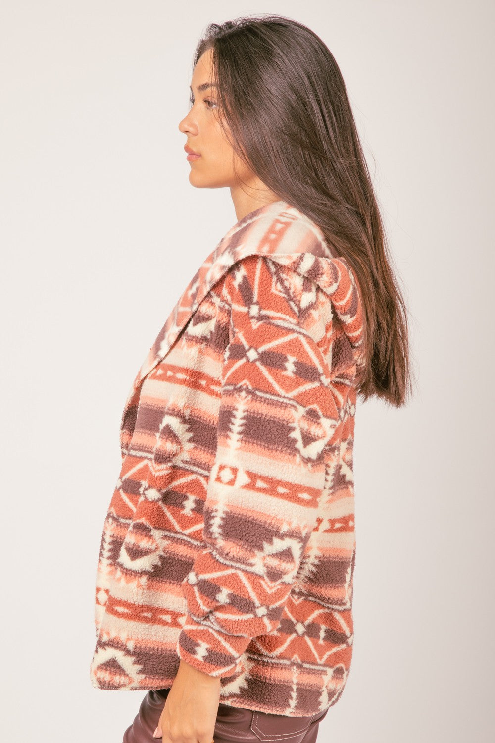 Curvy Aztec Tribal Print Hooded Oversize Fleece Jacket Final Sale