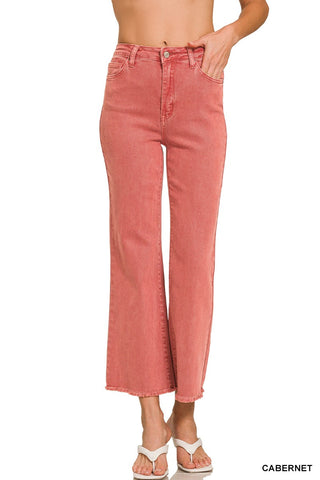 CABERNET ACID WASHED HIGH WAIST FRAYED HEM BOOTCUT PANTS