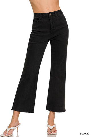BLACK WASHED HIGH WAIST FRAYED HEM BOOTCUT PANTS