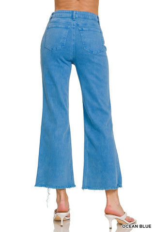 OCEAN BLUE ACID WASHED HIGH WAIST FRAYED HEM BOOTCUT PANTS