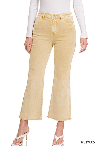 MUSTARD WASHED HIGH WAIST FRAYED HEM BOOTCUT PANTS