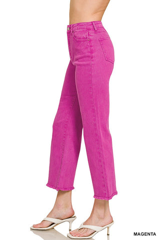 MAGENTA WASHED HIGH WAIST FRAYED HEM BOOTCUT PANTS