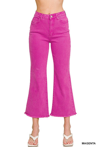 MAGENTA WASHED HIGH WAIST FRAYED HEM BOOTCUT PANTS