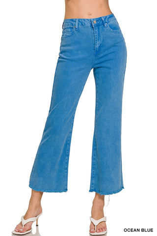 OCEAN BLUE ACID WASHED HIGH WAIST FRAYED HEM BOOTCUT PANTS