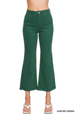 HUNTER GREEN WASHED HIGH WAIST FRAYED HEM BOOTCUT PANTS