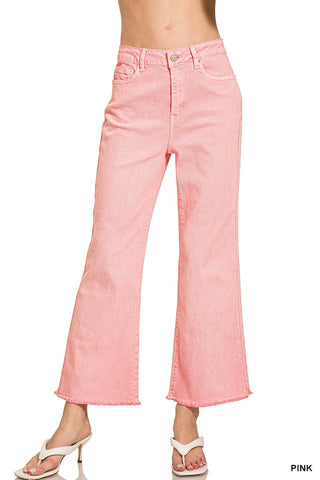 PINK WASHED HIGH WAIST FRAYED HEM BOOTCUT PANTS
