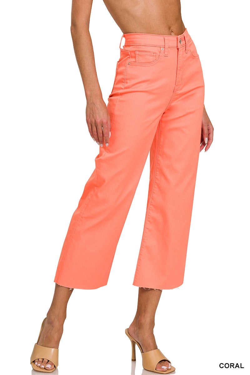 CORAL HIGH RISE FLARE CROPPED COLOR DENIM PANTS