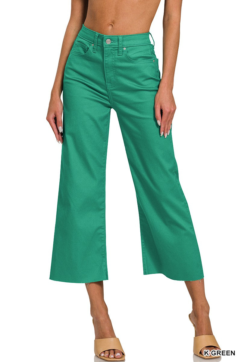 KELLY GREEN HIGH RISE FLARE CROPPED COLOR DENIM PANTS
