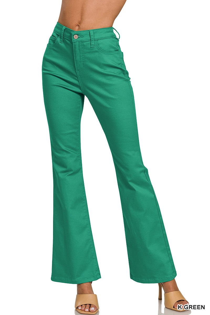 KELLY GREEN HIGH-RISE BOOTCUT COLOR DENIM PANTS