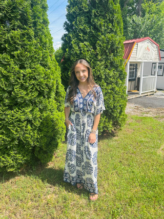 Blue Boho Floral V Neck Maxi Dress w/ Pockets