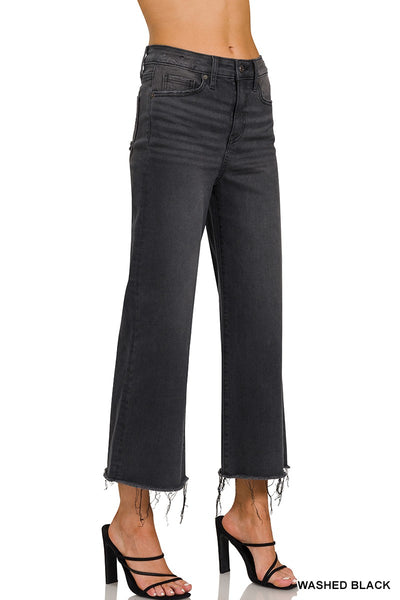 HIGH RISE WASHED BLACK CROPPED JEAN PANTS