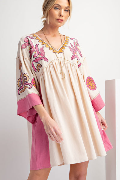 Embroidered Poly Linen Woven Dress in Ivory Pink