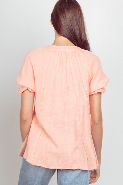 Curvy Peach Puff Sleeve Cotton Gauze Shirts Blouse Top