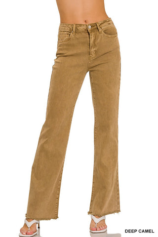 Deep Camel Acid Washed Fray Hem Pants