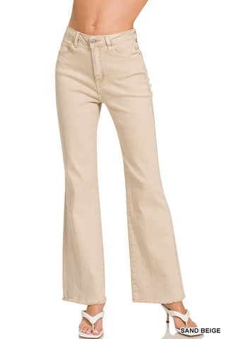 Sand Beige Acid Washed Fray Hem Pants