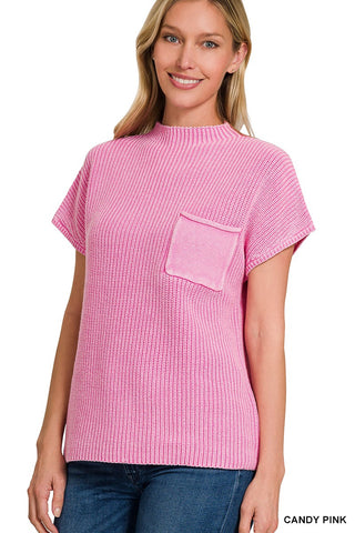 Candy Pink Washed Mock Neck Short Sleeve Sweater Final Sale