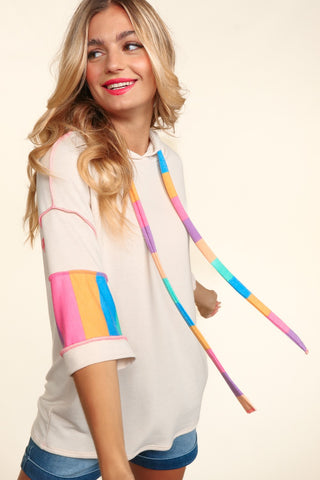 CURVY MULTICOLOR STRIPE PRINT FRENCH TERRY PULLOVER HOODIE Final Sale